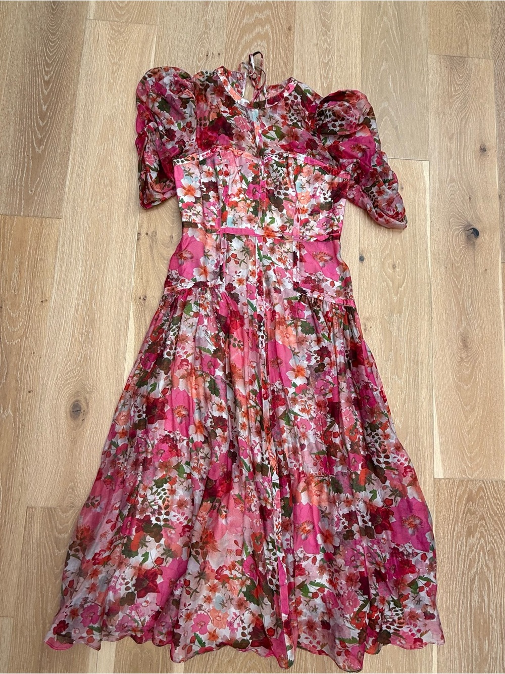 Ted Baker Botani Pink Floral Puff-Sleeve Midi Dress